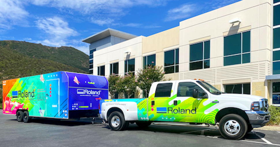 The Roland DGA Demo Days Roadshow truck and trailer (wraps produced on a Roland DG TrueVIS VG2 printer/cutter), will make 10 two-day stops nationwide in 2021. 