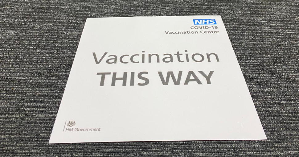 No fewer than five Drytac products deployed by Buckinghamshire-based Globe Print for social distancing markers and directional graphics at new vaccination centre.