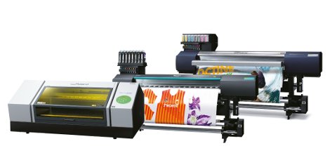 Roland DG’s VersaUV LEF-300 (left), Texart RT-640 (centre), & SOLJET EJ-640 (right)