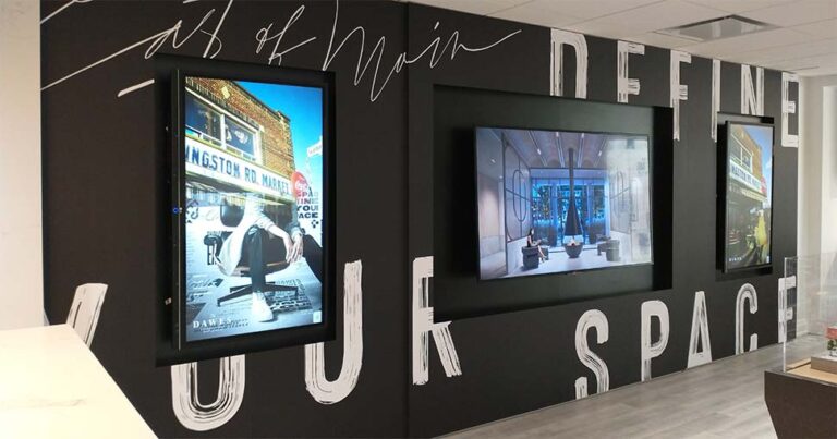 Toronto-based Minoh used Drytac ReTac Textures Linen to produce striking wall graphics that were integrated as part of a video wall display.