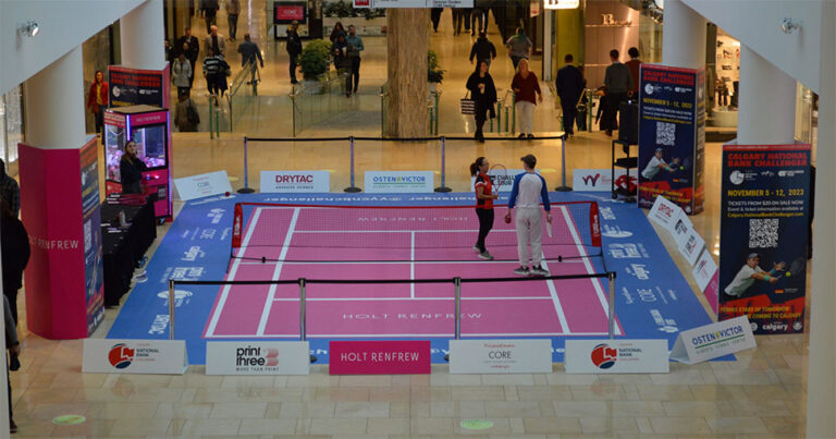 Print Three Calgary aces tennis court floor graphics project with Drytac SpotOn Floor 200.